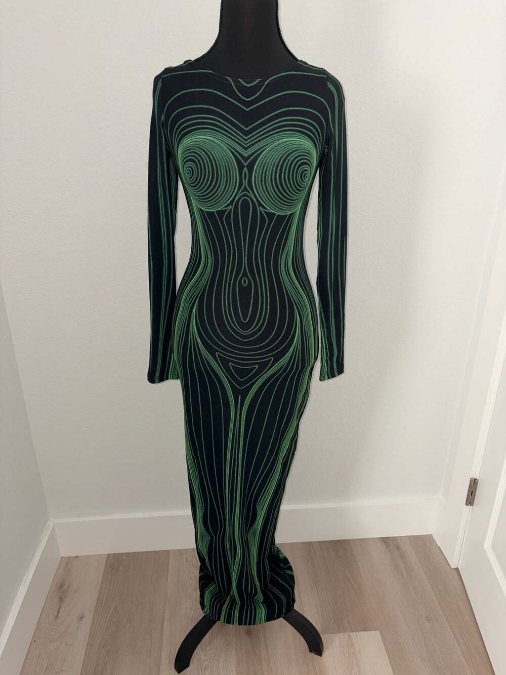 The Kript 3D Human Body Print Green and Black Long Sleeve Maxi Dress